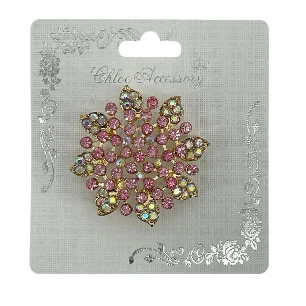 Pink Rhinestone Floral Brooch Pin AB Crystal Gold Tone Statement Jewelry New